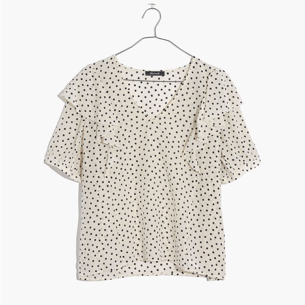 NWT Madewell Silk V-Neck Shoulder-Ruffle Top in Inkbrush Dots Size M